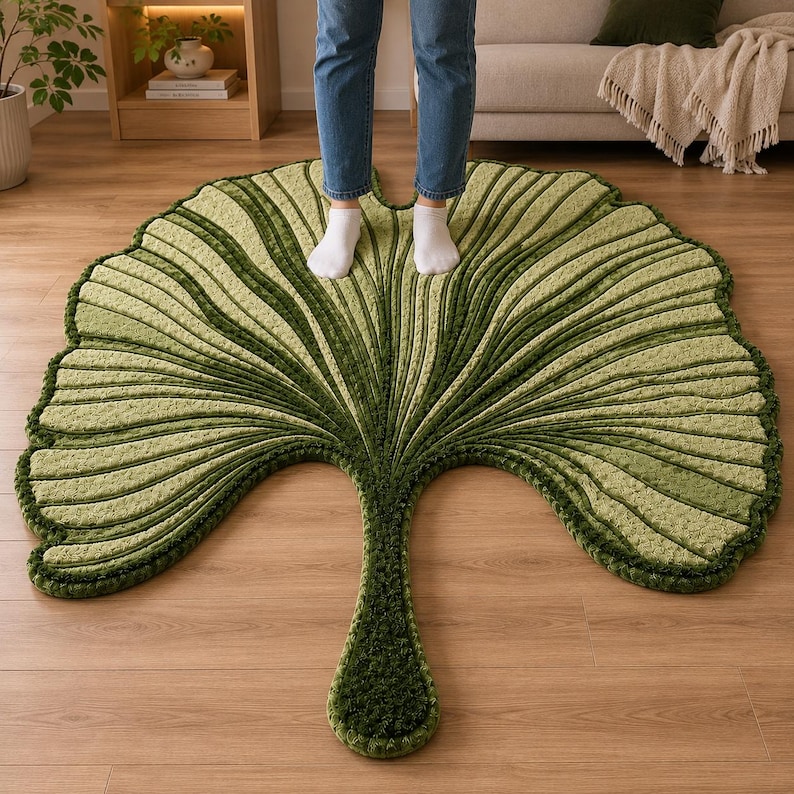 Pode incluir: Um tapete de ch&atilde;o grande e texturizado em forma de folha de ginkgo. O tapete apresenta um gradiente de tons verdes, variando do s&aacute;lvia claro ao verde floresta profundo, com veios proeminentes, elevados e radiantes que imitam a folha.