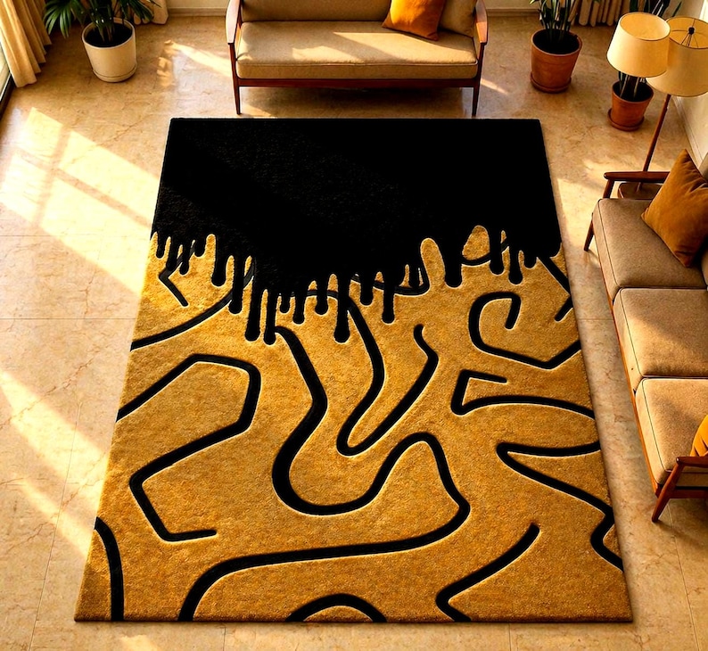 Dripping Rug Black Gold Abstract Drip Rug, Hand-tufted Wool Carpet, Modern Living ...