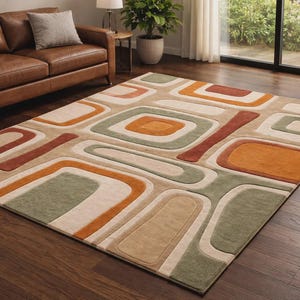 Mid Century Modern Geometric Wool Rug | Abstract Retro Area Carpet (Custom Size Available)