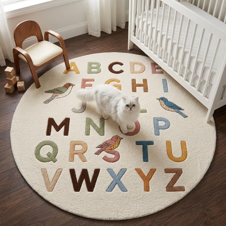May include: A round, cream-coloured area rug featuring the alphabet in various muted colours, including yellow, green, brown, pink, and blue. The rug is decorated with embroidered illustrations of three small birds positioned among the letters.