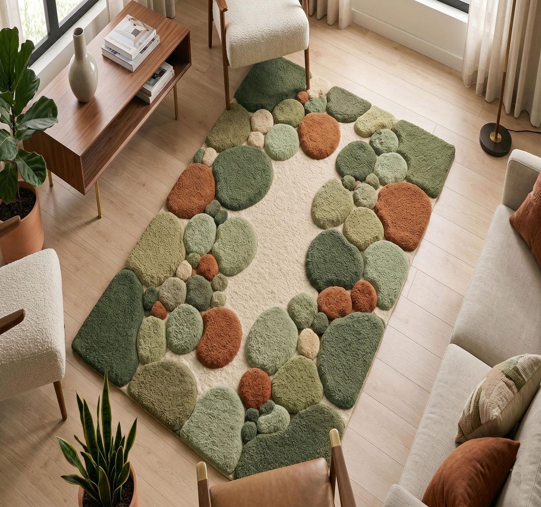 Pebble Stone Hand Tufted Wool Moss Area Rug | Green Terracotta Organic ...