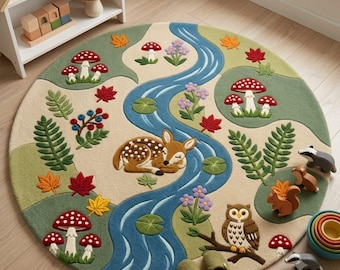 May include: A round area rug featuring a forest scene with a winding blue river, a sleeping fawn, an owl on a branch, and various woodland animals. The design includes green hills, red and white mushrooms, colourful autumn leaves, and purple flowers.