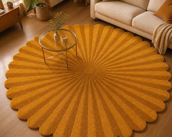 Hand Tufted Wool Round Rug | Mustard Yellow Petal Scalloped Sunburst Modern Living Room Decor