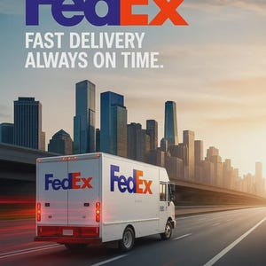 Pode incluir: Um caminh&atilde;o de entrega FedEx branco circulando em uma rodovia com o horizonte de uma cidade ao fundo. O ve&iacute;culo apresenta o logotipo FedEx roxo e laranja nas portas laterais e traseiras. O texto FedEx FAST DELIVERY ALWAYS ON TIME &eacute; exibido.