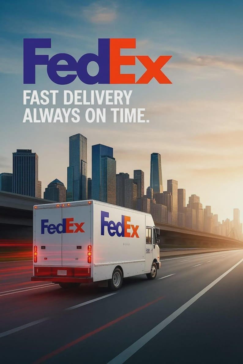 Pode incluir: Um caminh&atilde;o de entrega FedEx branco circulando em uma rodovia com o horizonte de uma cidade ao fundo. O ve&iacute;culo apresenta o logotipo FedEx roxo e laranja nas portas laterais e traseiras. O texto FedEx FAST DELIVERY ALWAYS ON TIME &eacute; exibido.