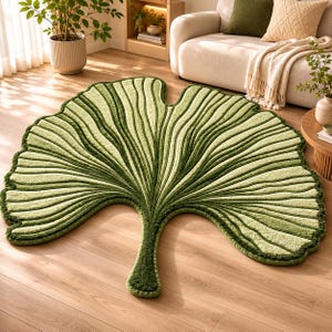 Tapete inspirado na natureza em formato de folha de ginkgo | Tapete de lã tufado com estampa botânica para sala de estar e quarto imagem 1