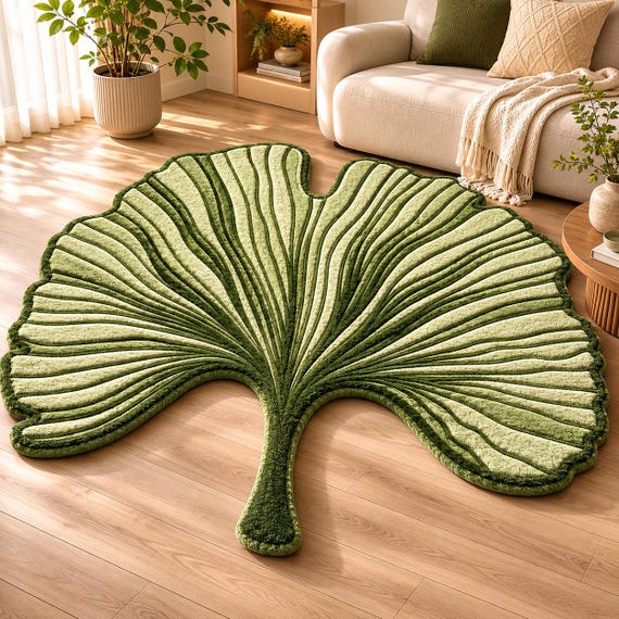 Ginkgo Leaf Shape Nature Inspired Rug | Tufted Botanical Livingroom Bedroom Statement Wool Rug