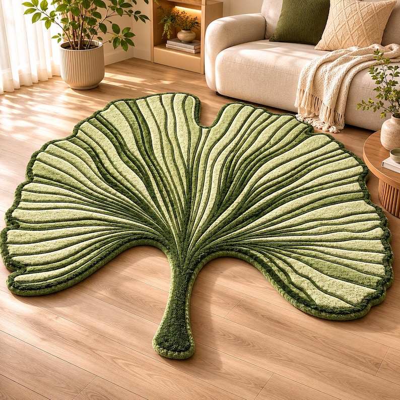 Tapete inspirado na natureza em formato de folha de ginkgo | Tapete de lã tufado com estampa botânica para sala de estar e quarto imagem 1