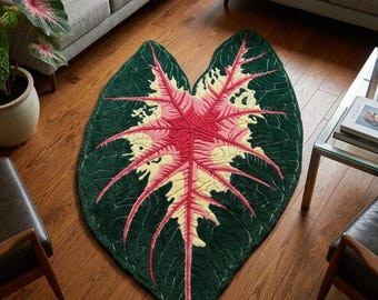 Tapete Caladium feito à mão com estampa de folhas botânicas | Tapete tropical orgânico rosa e verde para sala de estar