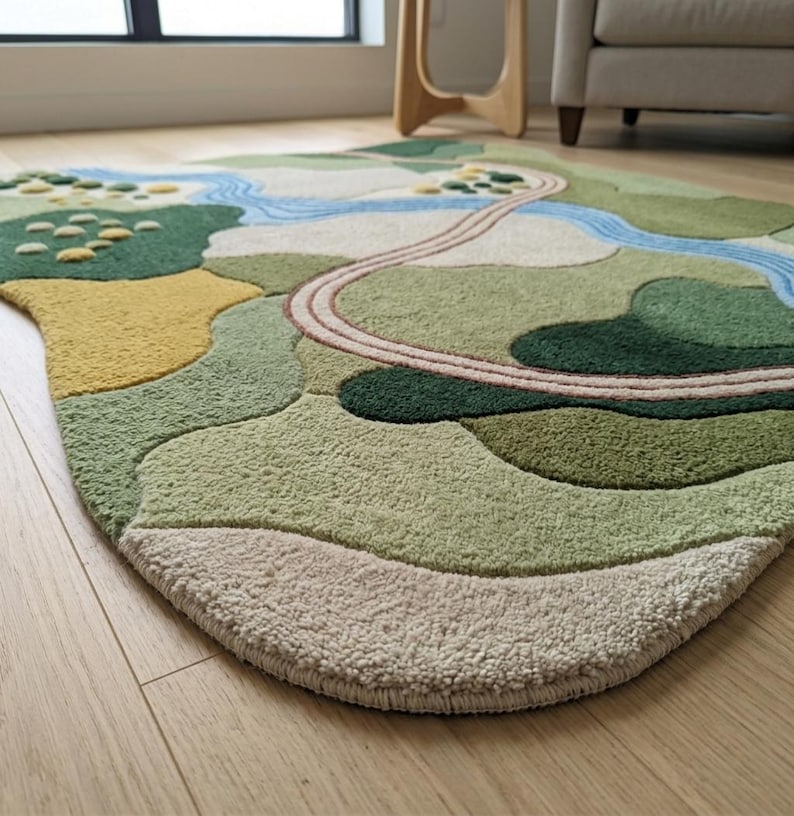 Op de afbeelding: Een getuft vloerkleed met een abstract landschapsontwerp in diverse texturen en kleuren, waaronder tinten groen, cr&egrave;me, geel en blauw. Het patroon toont kronkelende paden, een stromende rivier en afgeronde vormen die doen denken aan heuvels.