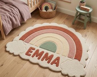 Personalisierter Regenbogen Wolken Teppich | Name Kinderzimmer Dekor, Neuseeland-Wolle