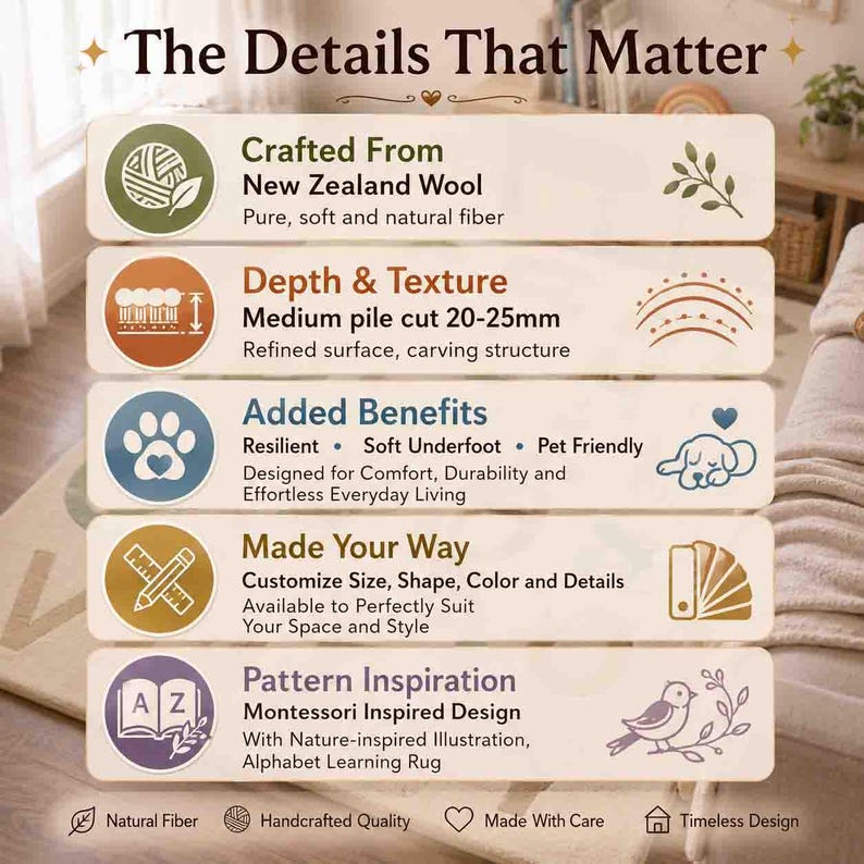 May include: An informational graphic titled The Details That Matter, listing features of a rug: Crafted From New Zealand Wool, Depth & Texture with 20-25mm pile, Added Benefits like pet friendly, Made Your Way customisation, and Pattern Inspiration.
