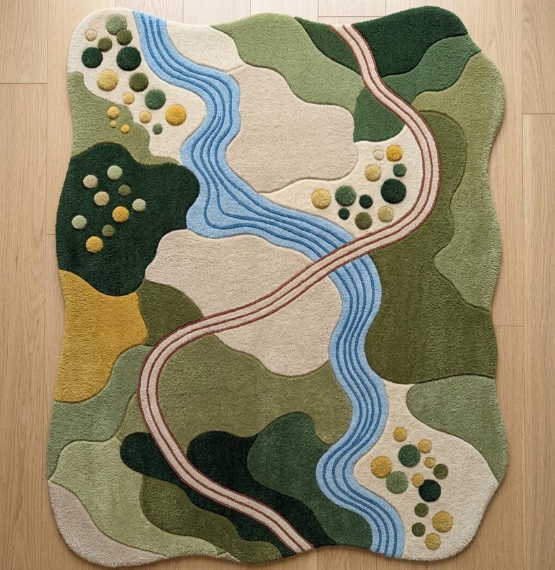 Op de afbeelding: Een vloerkleed met een onregelmatige, golvende vorm en een landschapsontwerp. Het patroon bevat een kronkelende lichtblauwe rivier, een gebogen beige pad en abstracte vlakken in donkergroen, olijfgroen, cr&egrave;me en gele cirkelvormige accenten.
