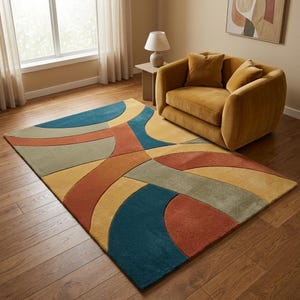 Può includere: Un tappeto rettangolare con un motivo geometrico di archi e semicerchi sovrapposti in tonalità verde ottanio, giallo senape, arancione terracotta e verde salvia. Il tappeto presenta una superficie a pelo strutturato su un pavimento in legno.