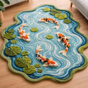 May include: An irregularly shaped area rug featuring a blue water design with swirling white currents, four orange, white, and black koi fish, and several raised green lily pads scattered across the surface, creating a textured pond scene.