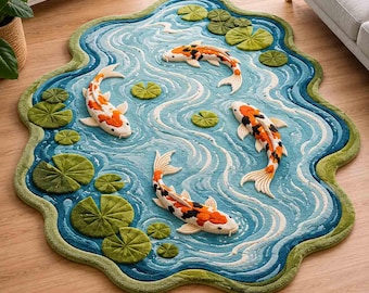 May include: An irregularly shaped area rug featuring a blue water design with swirling white currents, four orange, white, and black koi fish, and several raised green lily pads scattered across the surface, creating a textured pond scene.