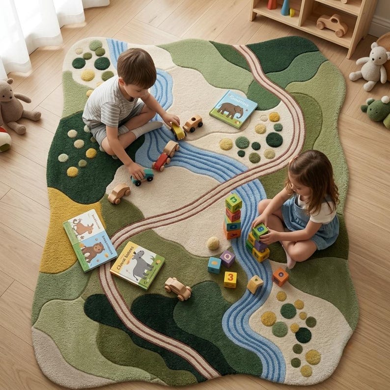Op de afbeelding: Een groot, onregelmatig gevormd vloerkleed met een landschapsontwerp in tinten groen, beige en blauw. Het kleed toont een kronkelende blauwe rivier, bruine paden en cirkelvormige, getextureerde vlakken als ondergrond voor speelgoed.