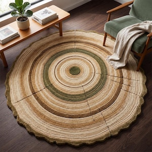 May include: A circular rug with a tree trunk design. The rug has concentric rings in shades of brown, beige, and green, with a scalloped edge. It's placed on a dark wood floor, with a green chair and a small wooden table visible in the background.