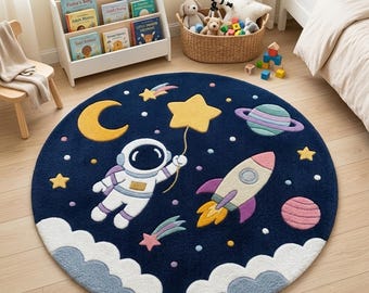Hand Tufted Space Theme Kids Adventure Rug | Star Rug for Learning Home, Nursery, Playroom