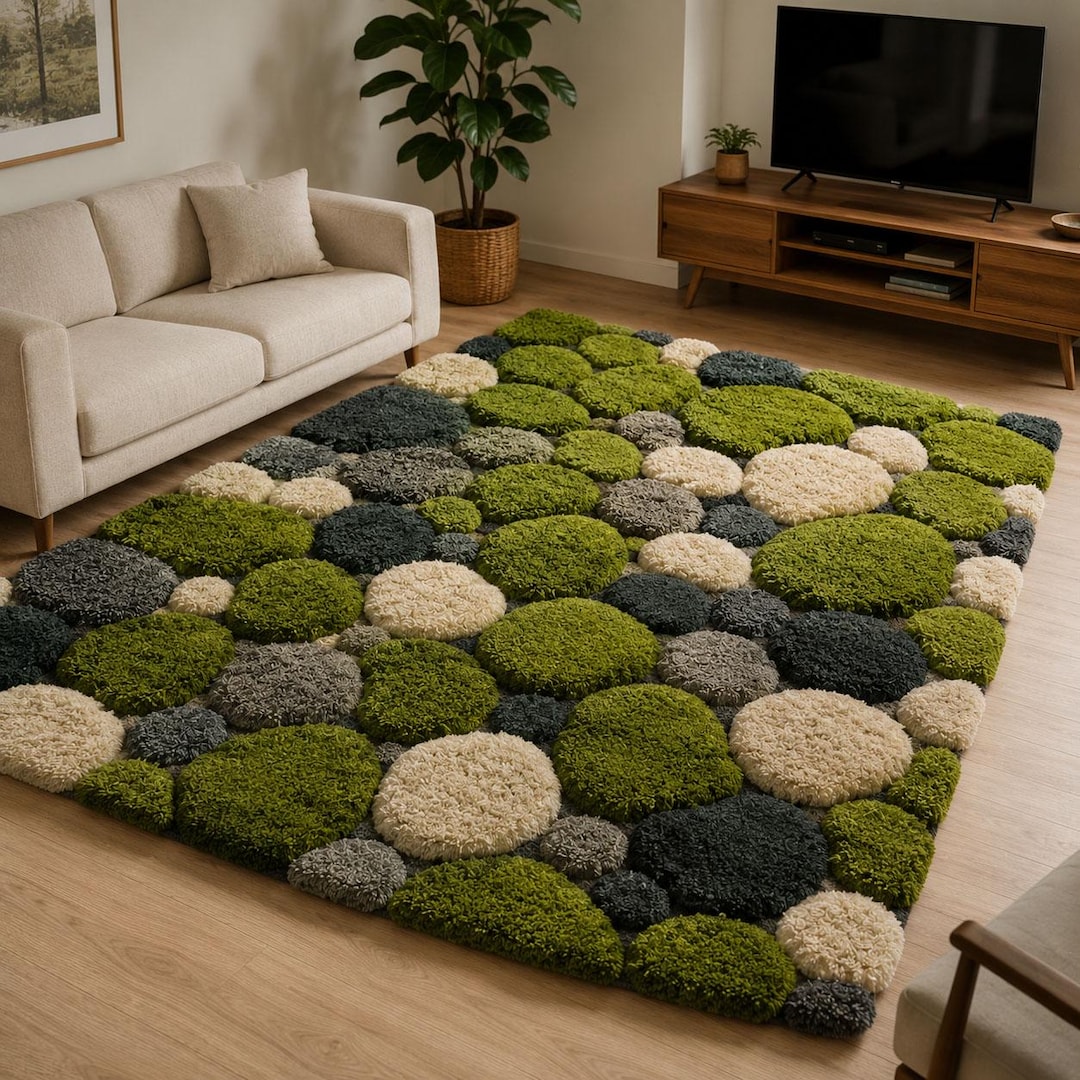 Moss Pebble Hand Tufted Rug | 3D Sculpted Plush Rug | Green Stone ...