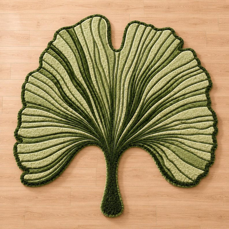 Pode incluir: Um tapete grande em forma de folha com uma superf&iacute;cie texturizada em tons de verde claro e escuro. O design imita uma folha de ginkgo com veios proeminentes e elevados que irradiam da base at&eacute; &agrave;s bordas recortadas, com um contorno verde escuro.