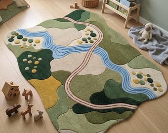 May include: An area rug featuring a landscape design with shades of green, beige, and yellow. The rug displays a winding blue river, a curved path, and circular tufted accents, creating a textured surface with organic, flowing shapes.