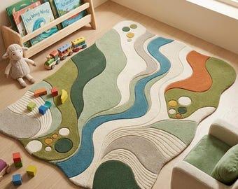 May include: A large area rug featuring an abstract, organic design with flowing, wavy lines in shades of sage green, forest green, cream, sky blue, and burnt orange. The rug has a textured, tufted surface with raised circular and linear patterns.