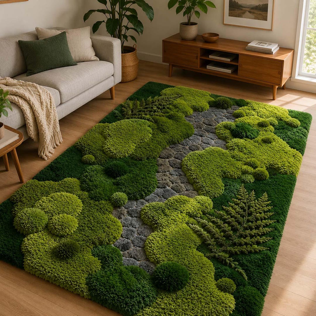 Moss Green Garden Wool Rug | Stone Path 3D Tufted Rug | Nature Inspired ...