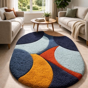 Tapis ovale capitonné à la main, tapis moderne abstrait, revêtement de sol de salon en or bleu