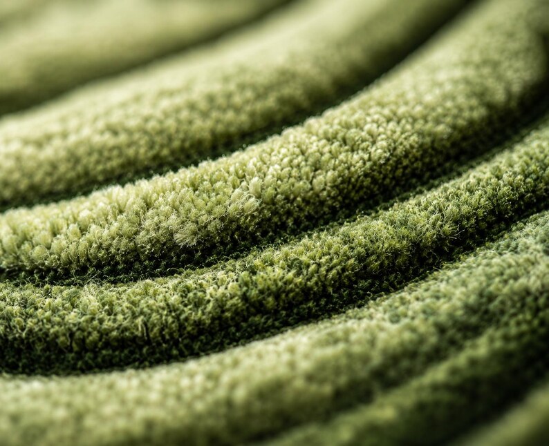 Pode incluir: Um tapete verde-s&aacute;lvia com um pelo denso e tufado, apresentando uma s&eacute;rie de cristas curvas, profundas e paralelas que criam uma textura r&iacute;tmica e ondulada na superf&iacute;cie, destacando a qualidade macia e fibrosa do material sob a luz.