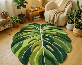 Tapete de lã com folhas de Monstera, tufado à mão | Tapete botânico tropical moderno verde com formato orgânico
