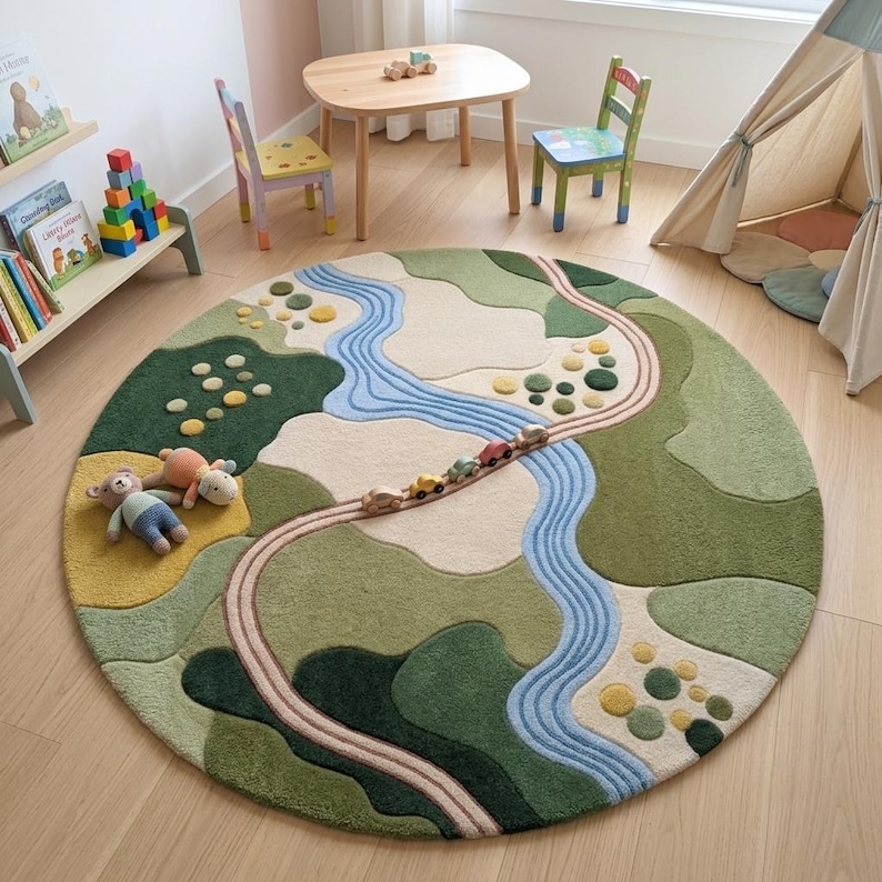 Op de afbeelding: Een rond vloerkleed met een landschapsontwerp in tinten groen, cr&egrave;me en blauw. Het kleed toont een kronkelende blauwe rivier, een gebogen bruin pad en kleine ronde getufte accenten. Een rij van vijf kleine speelgoedauto's staat op het pad.