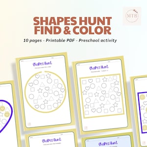 Peut inclure: Plusieurs feuilles d'activités préscolaires imprimables intitulées "SHAPES HUNT FIND & COLOR". Chaque feuille présente des formes variées comme des cercles, des carrés et des étoiles à colorier. Le texte indique "10 pages - Printable PDF - Preschool activity".