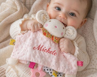 Personalized Baby Comfort Toy, Custom Name Security Blanket, Embroidered Minky Dot Lovey for Infants, Welcome Baby Gift Rabbit Elephant Lion