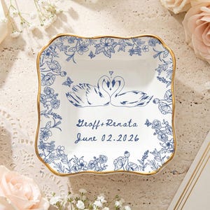 Prato de cerâmica para alianças de casamento, bandeja para joias em formato de cisne e coração, presente de casamento personalizado, bandeja para joias, prato de cerâmica com estampa floral azul.
