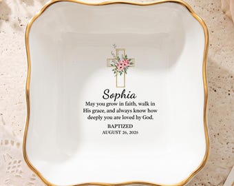 Plato personalizado para joyas de bautismo, plato para anillos con nombre y fecha personalizados, recuerdo cristiano con cruz floral, regalo de bautismo