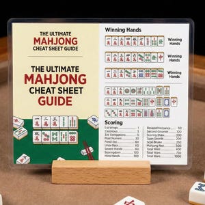 以下が含まれることがあります： 赤と黒で「THE ULTIMATE MAHJONG CHEAT SHEET GUIDE」の文字が入った、透明なプラスチック製の麻雀チートシートガイド。ガイドには、役と点数の情報が表示されています。ガイドは木製のスタンドで支えられており、手前には麻雀牌が置かれています。