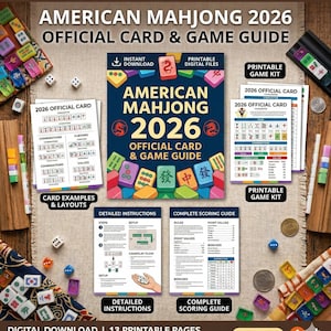 Könnte beinhalten: Das American Mahjong 2026 Official Card & Game Guide. Das Bild zeigt Spielsteine, Würfel, detaillierte Anweisungen und eine vollständige Wertungstabelle. Das Spiel ist als digitaler Download mit 13 druckbaren Seiten erhältlich.