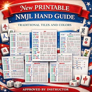 May include: A colorful image featuring a "New Printable NMJL Hand Guide" with "Traditional Tiles and Colors." The design includes various Mahjong tiles, dice, and charts with red, green, and blue text. The background has a patriotic theme.