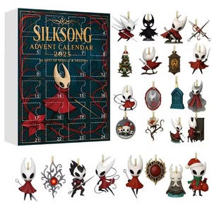 May include: An "Silksong" Advent Calendar 2025 with 24 days of needle and shadow. Features character ornaments in red, white, and black. Ornaments include a Christmas tree, a lantern, and a decorative ball.