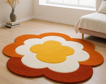 Cute Flower Shape Area Rug, Daisy Floral Wool Carpet, Hand Tufted Orange Yellow White Kids Room Rug, Aesthetic Bedroom Decor Rug