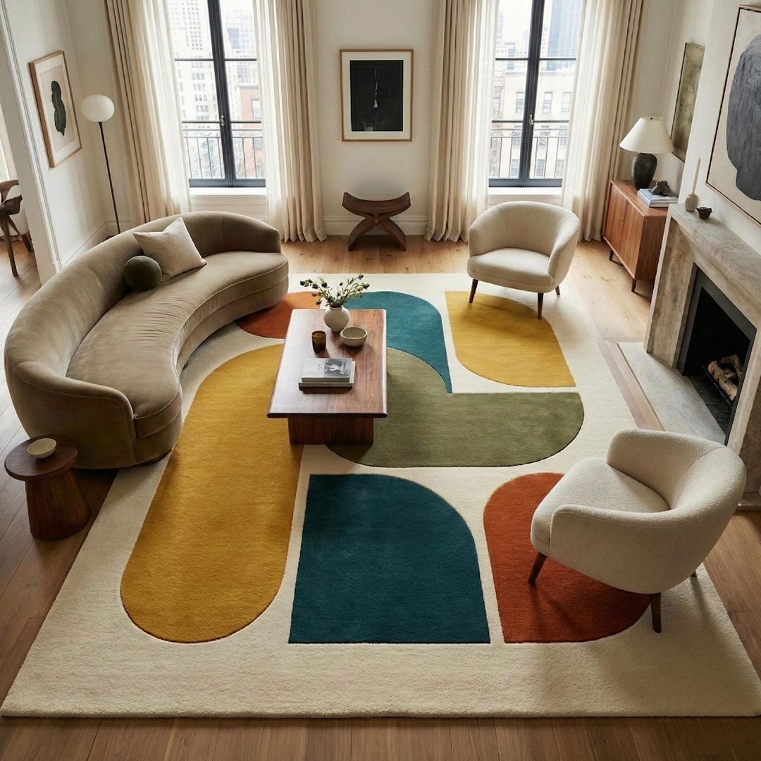 Modernism Design Rug Hand Tufted Wool Area Rug | Mid Century Modern Color Block Design - Etsy