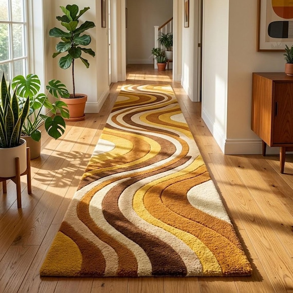 Retro Teppich Läufer, Handgemachter Abstrakter Flur Läufer, Mid Century Moderner Wollteppich, Senfbrauner Langer Korridor Teppich