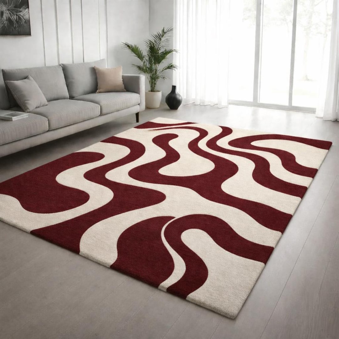 Maroon Border Rug Modern Maroon & Burgundy Ivory Abstract Wave Area Rug, Hand Tufted Wool ...
