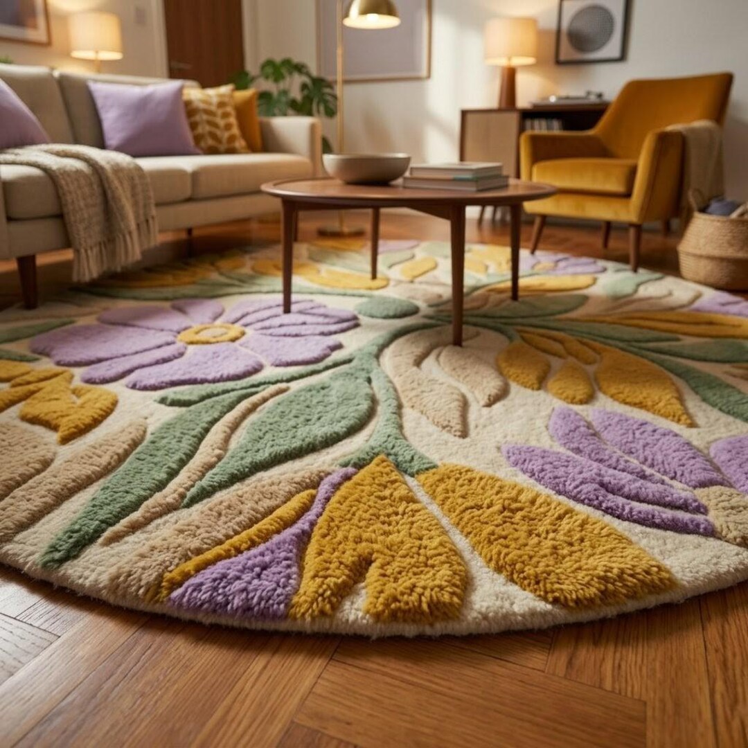 3D Floral Hand Tufted Wool Rug | Round Botanical Area Rug | Mid Century ...