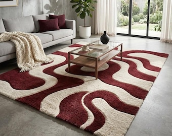 Alfombra abstracta color burdeos y crema, tejida a mano, estilo retro ondulado, moderna alfombra de lana afelpada inspirada en los años 70 para sala de estar.