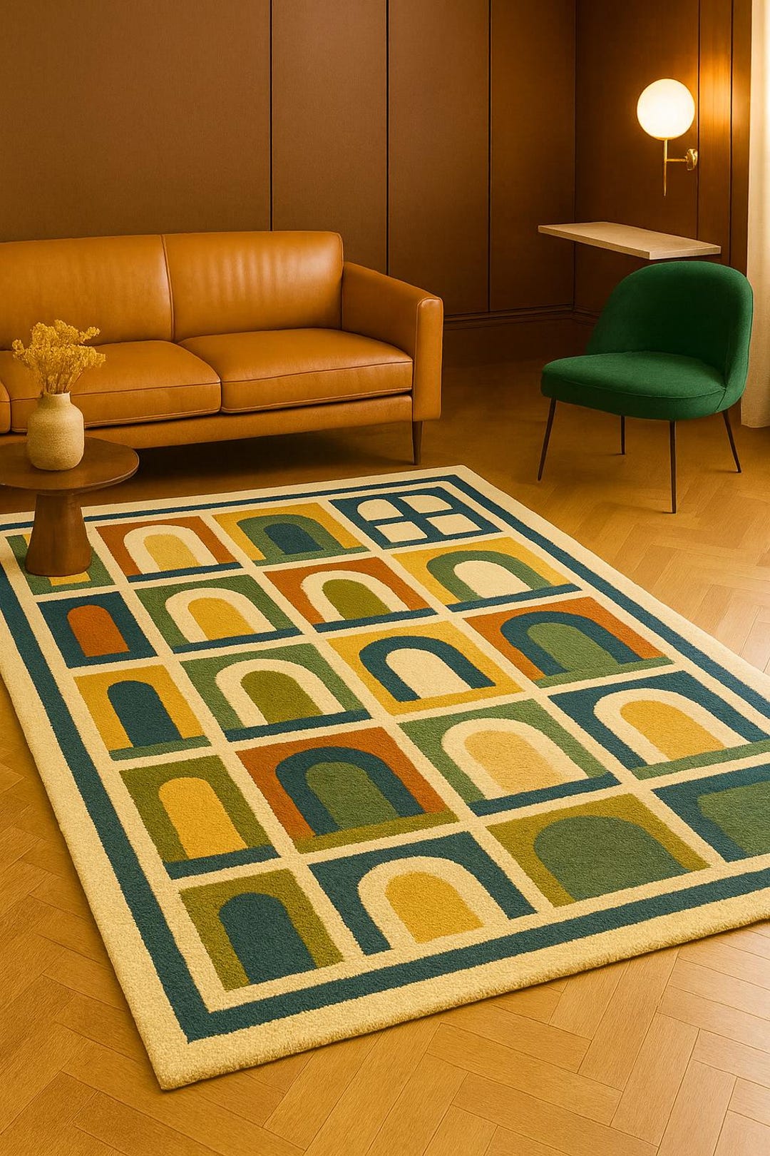 Handmade Tufted Modern Arch Pattern Rug – Retro Geometric Warm-tone ...