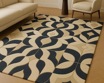 Mid Century Modern Geometric Rug, Navy Blue Cream Abstract Tufted Carpet