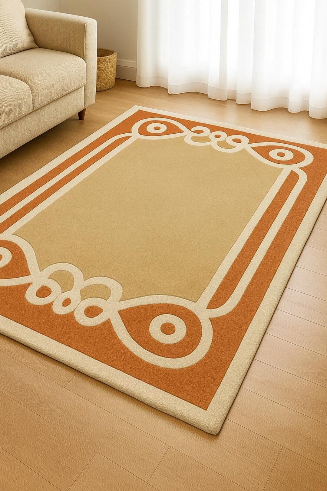 Deco Border Rug Art Deco Border Rug, Rust Orange Beige Tufted Carpet, Mid Century ...