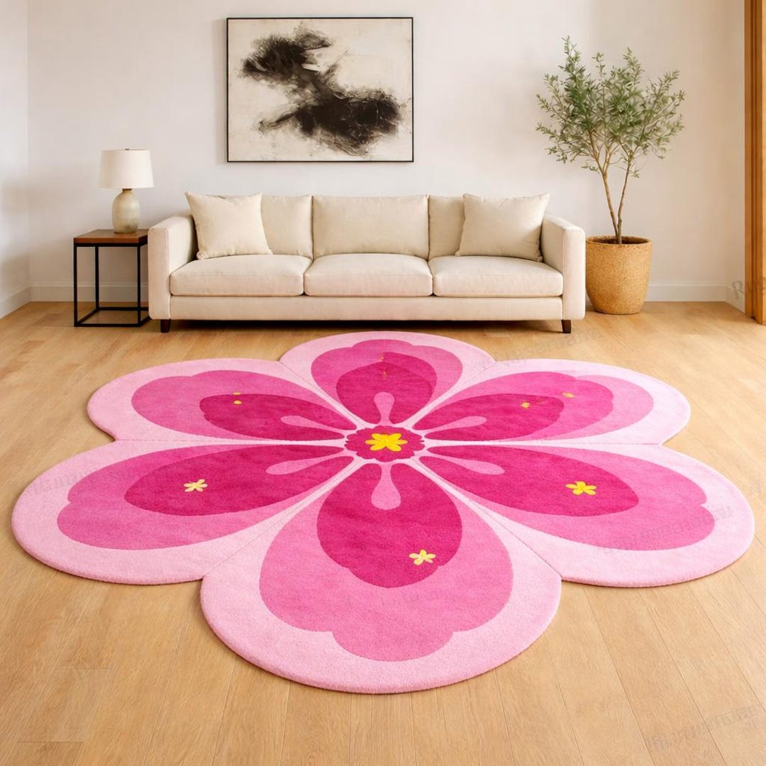Pink Flower Shape Area Rug, Large Floral Carpet, Cute Aesthetic Kids ...